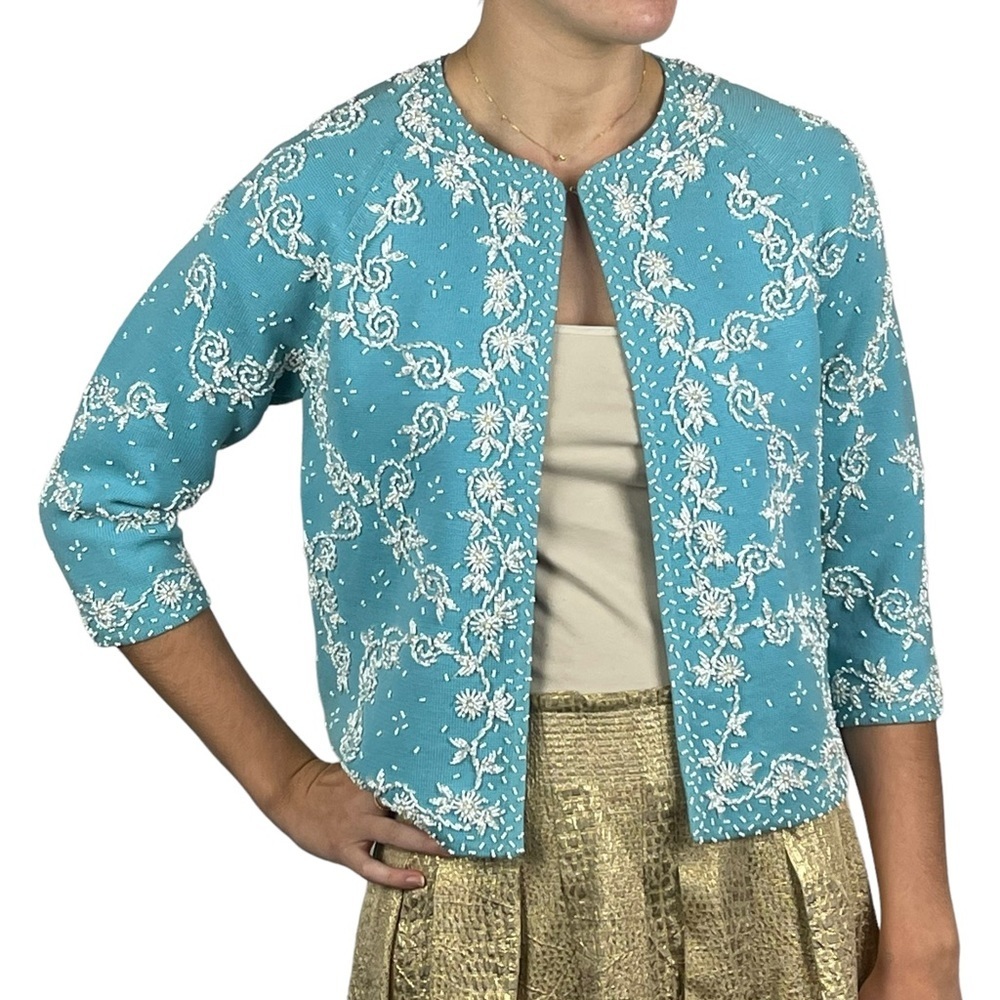 VINTAGE 60s HONG KONG FLORAL BEAD EMBELLISHED KNIT SWEATER JACKET BOUTIQUE JO RO